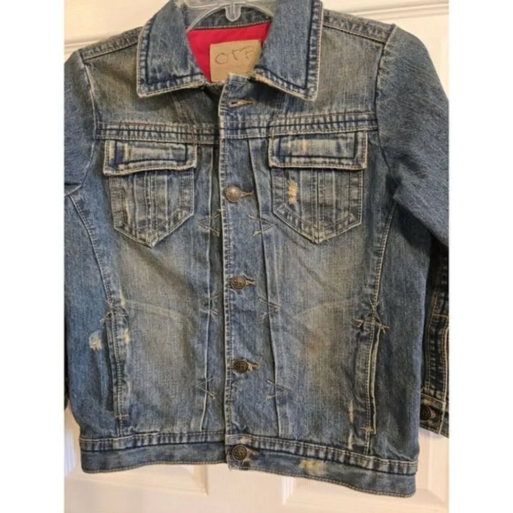 OTB Women's Distressed Blue Denim Jeans Jacket Size Large -6- Rich Mom Old Money